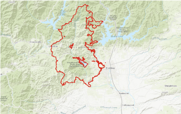 Regions burned in the 2018 Carr Fire in Shasta County. Source: CAL Fire